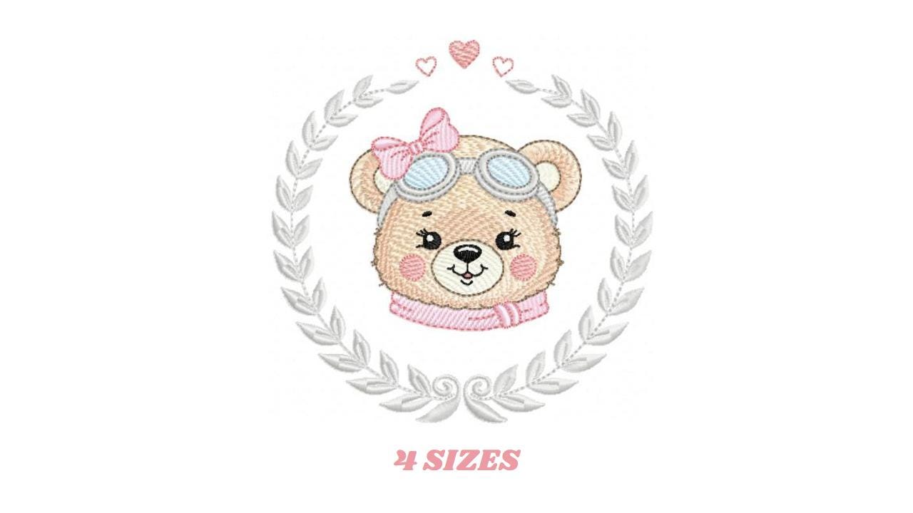 Pilot Bear embroidery designs - Baby Girl with laurel frame machine embroidery pattern - Aviator Teddy bear file - Instant digital download - Marcia Embroidery