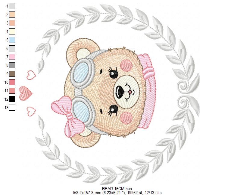 Pilot Bear embroidery designs - Baby Girl with laurel frame machine embroidery pattern - Aviator Teddy bear file - Instant digital download - Marcia Embroidery