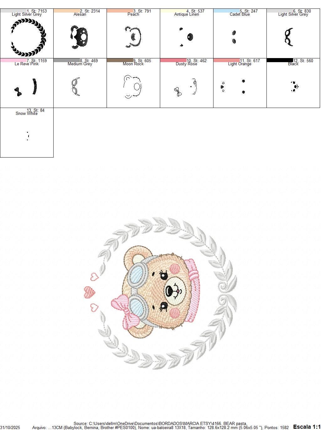 Pilot Bear embroidery designs - Baby Girl with laurel frame machine embroidery pattern - Aviator Teddy bear file - Instant digital download - Marcia Embroidery