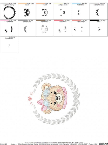 Pilot Bear embroidery designs - Baby Girl with laurel frame machine embroidery pattern - Aviator Teddy bear file - Instant digital download - Marcia Embroidery