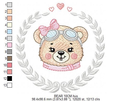 Pilot Bear embroidery designs - Baby Girl with laurel frame machine embroidery pattern - Aviator Teddy bear file - Instant digital download - Marcia Embroidery