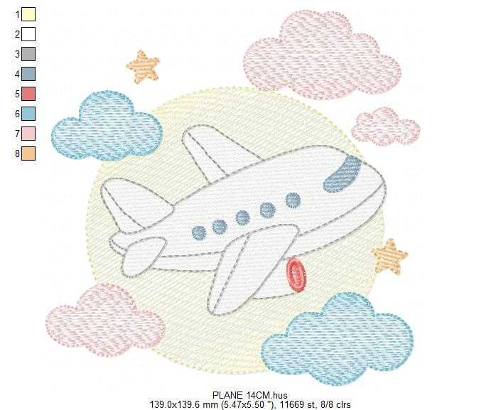 Plane embroidery design - Airplane with clouds and stars machine embroidery pattern - Baby boy file - Instant download - Marcia Embroidery