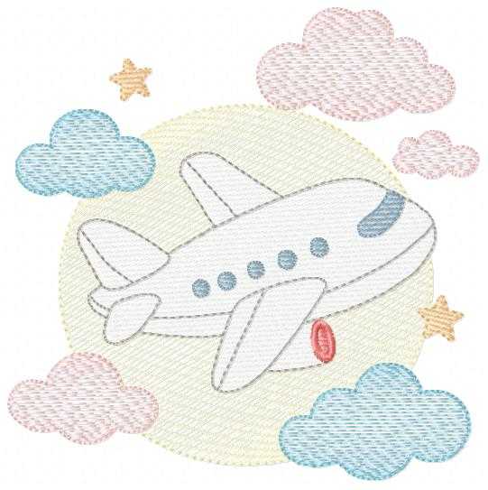 Plane embroidery design - Airplane with clouds and stars machine embroidery pattern - Baby boy file - Instant download - Marcia Embroidery