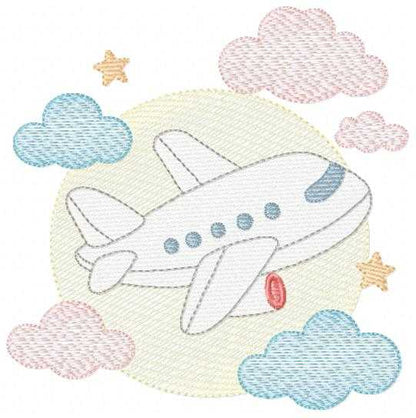 Plane embroidery design - Airplane with clouds and stars machine embroidery pattern - Baby boy file - Instant download - Marcia Embroidery