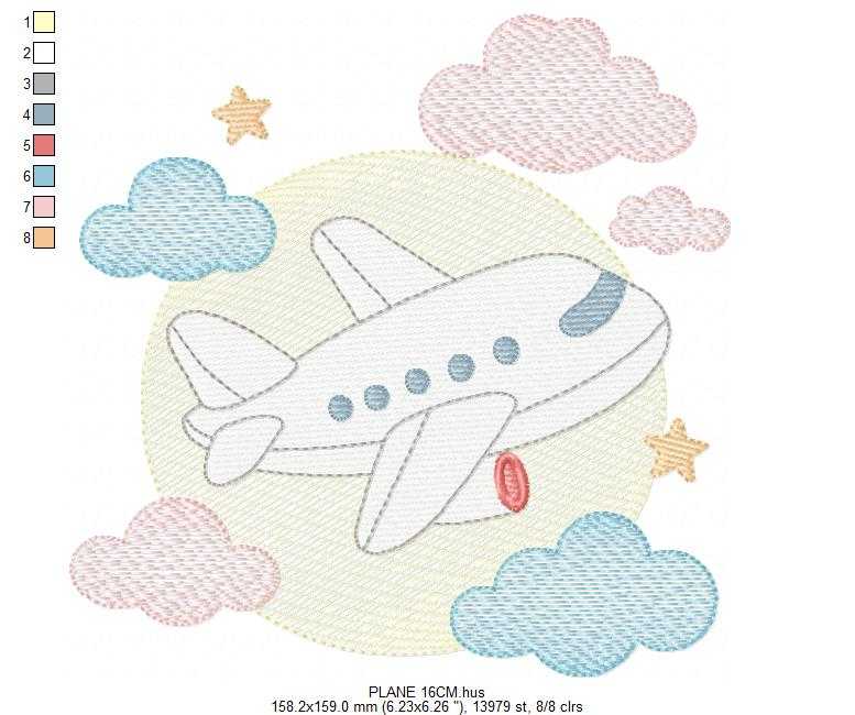 Plane embroidery design - Airplane with clouds and stars machine embroidery pattern - Baby boy file - Instant download - Marcia Embroidery