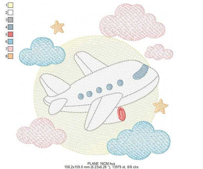 Plane embroidery design - Airplane with clouds and stars machine embroidery pattern - Baby boy file - Instant download - Marcia Embroidery