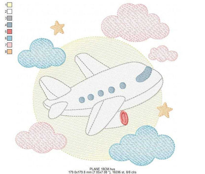 Plane embroidery design - Airplane with clouds and stars machine embroidery pattern - Baby boy file - Instant download - Marcia Embroidery