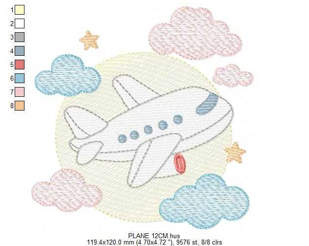 Plane embroidery design - Airplane with clouds and stars machine embroidery pattern - Baby boy file - Instant download - Marcia Embroidery