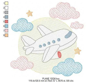 Plane embroidery design - Airplane with clouds and stars machine embroidery pattern - Baby boy file - Instant download - Marcia Embroidery