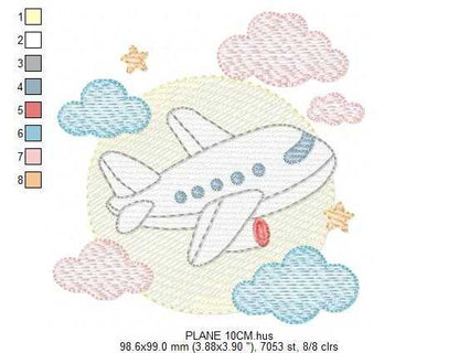 Plane embroidery design - Airplane with clouds and stars machine embroidery pattern - Baby boy file - Instant download - Marcia Embroidery