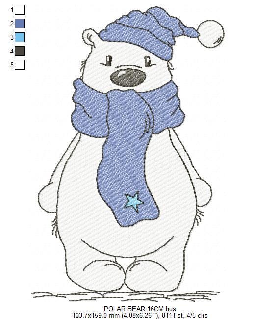 Polar Bear embroidery designs - Baby Boy Bear with hat and scarf machine embroidery pattern - Instant digital download pes jef dst hus vp3 - Marcia Embroidery