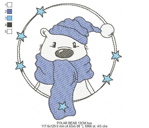Polar Bear embroidery designs - Baby Boy Bear with hat and scarf machine embroidery pattern - Instant digital download pes jef dst hus vp3 - Marcia Embroidery