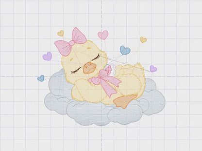 Duck embroidery design - Baby girl embroidery designs machine embroidery pattern - animal embroidery file - Sleeping female duck in cloud