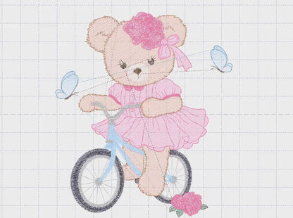 Bear embroidery designs - Baby girl embroidery design machine embroidery pattern - Female bear in a bike embroidery file - instant download