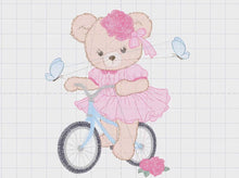 Carica e avvia il video nel visualizzatore di galleria, Bear embroidery designs - Baby girl embroidery design machine embroidery pattern - Female bear in a bike embroidery file - instant download
