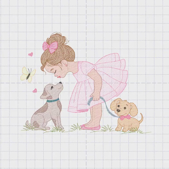 Baby Girl with dogs embroidery designs - Dogwalker machine embroidery pattern - Girl with puppies file - Instant digital download pes jef