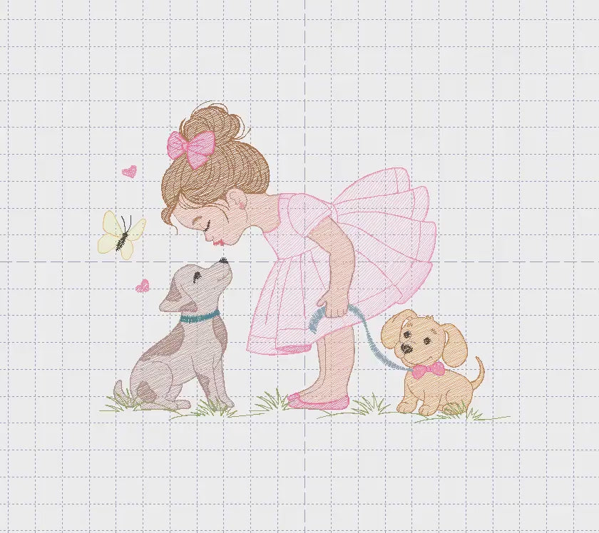 Baby Girl with dogs embroidery designs - Dogwalker machine embroidery pattern - Girl with puppies file - Instant digital download pes jef