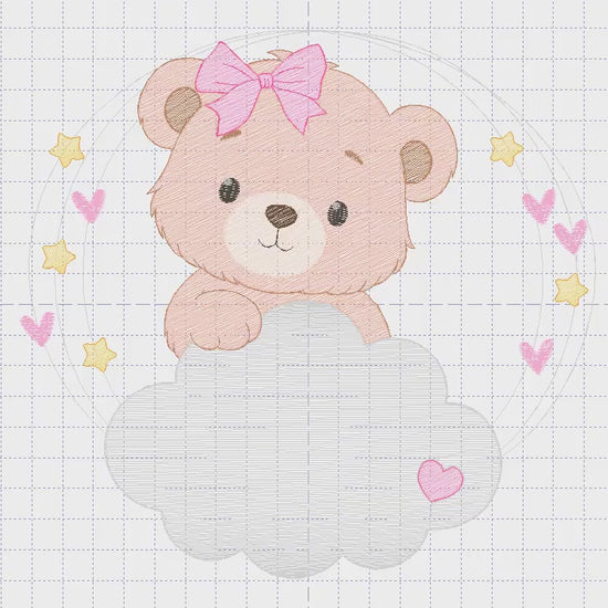 Female Bear embroidery designs - Baby girl Teddy with stars and cloud machine embroidery pattern - Instant digital download pes jef dst hus
