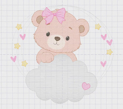 Female Bear embroidery designs - Baby girl Teddy with stars and cloud machine embroidery pattern - Instant digital download pes jef dst hus