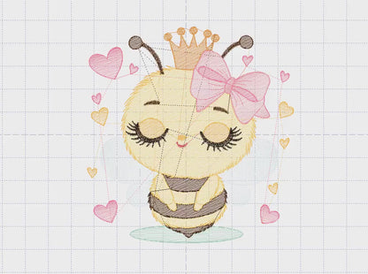 Bee embroidery design - Bee Happy embroidery designs machine embroidery pattern - Baby girl embroidery file - Honey bee with crown and lace