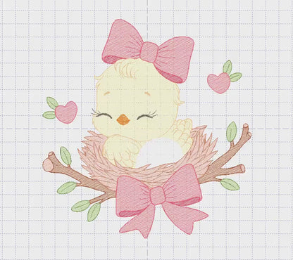 Bird embroidery designs - Baby Girl Bird with bow lace machine embroidery pattern - Spring Garden Nature file - Instant download jef pes dst