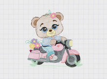 Load and play video in Gallery viewer, Bear with bike embroidery designs - Motorcycle embroidery design machine embroidery pattern - Baby boy embroidery file - Biker Bear Scooter
