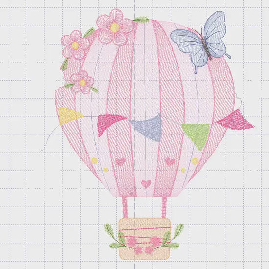 Hot air Balloon embroidery designs - Pink Balloon with flags and butterflies embroidery design machine embroidery pattern - instant download