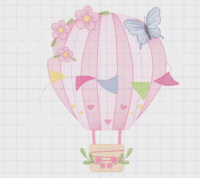 Hot air Balloon embroidery designs - Pink Balloon with flags and butterflies embroidery design machine embroidery pattern - instant download