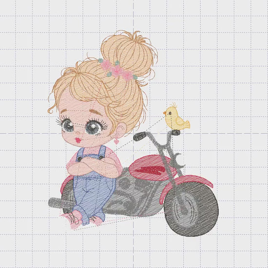 Girl with bike embroidery designs - Motorcycle embroidery design machine embroidery pattern - Scooter Chopper Motocyclist - instant download