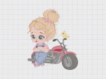 Load and play video in Gallery viewer, Girl with bike embroidery designs - Motorcycle embroidery design machine embroidery pattern - Scooter Chopper Motocyclist - instant download
