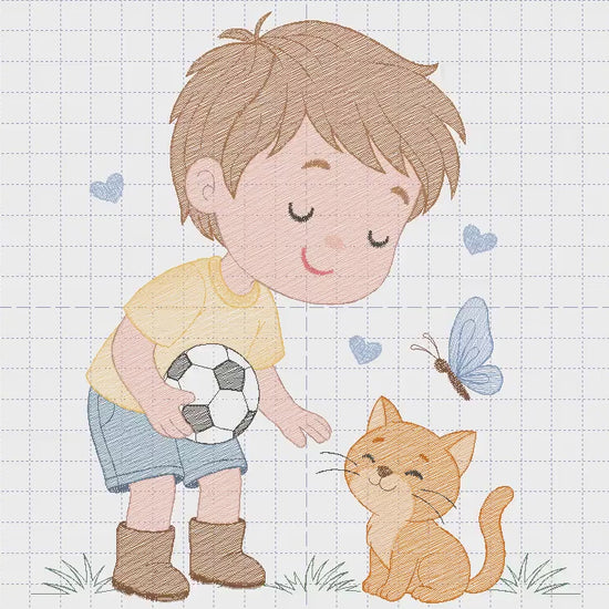 Baby boy embroidery designs - Soccer player with cat machine embroidery file - Boy with ball and cat file - Instant digital download pes jef