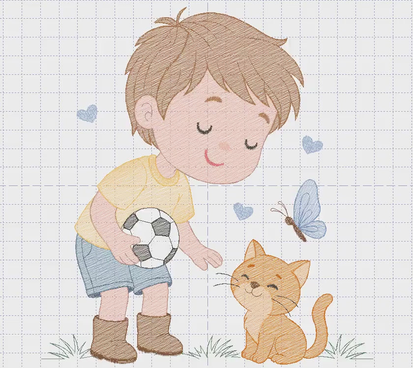 Baby boy embroidery designs - Soccer player with cat machine embroidery file - Boy with ball and cat file - Instant digital download pes jef