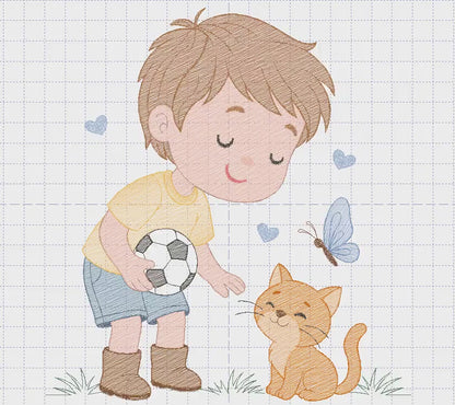 Baby boy embroidery designs - Soccer player with cat machine embroidery file - Boy with ball and cat file - Instant digital download pes jef
