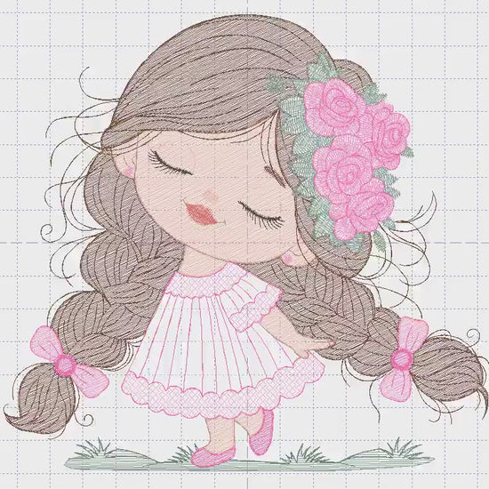 Baby girl embroidery designs - Girl with long hair braids and roses machine embroidery pattern - Princess with flower - Instant download pes
