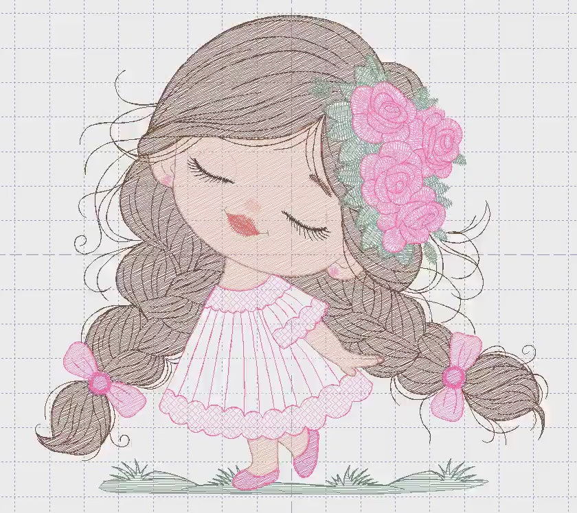 Baby girl embroidery designs - Girl with long hair braids and roses machine embroidery pattern - Princess with flower - Instant download pes