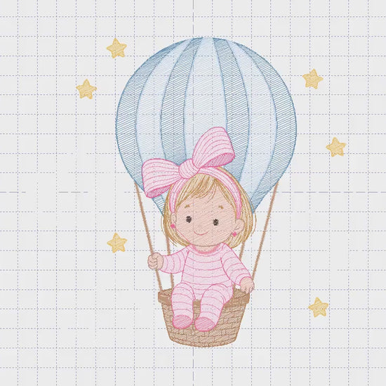 Hot air Balloon embroidery designs - Baby Girl in a Balloon with clouds machine embroidery pattern - Instant digital download pes jef dst