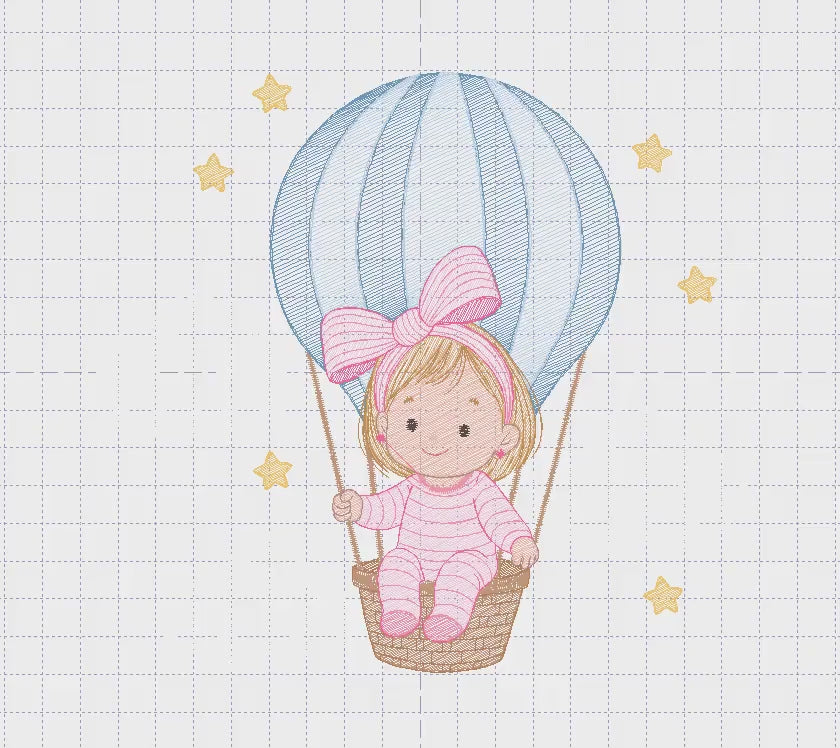 Hot air Balloon embroidery designs - Baby Girl in a Balloon with clouds machine embroidery pattern - Instant digital download pes jef dst