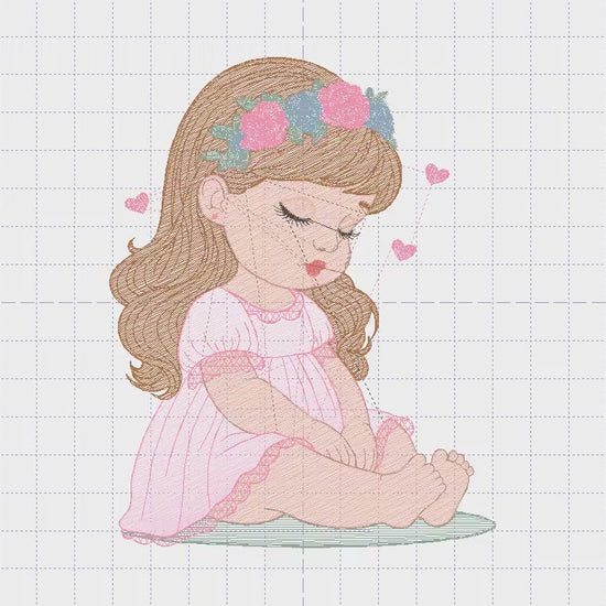 Baby girl with flowers embroidery designs - Sleeping Toddler embroidery design machine embroidery pattern - Girl with hearts - pes download