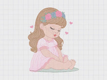 Load and play video in Gallery viewer, Baby girl with flowers embroidery designs - Sleeping Toddler embroidery design machine embroidery pattern - Girl with hearts - pes download
