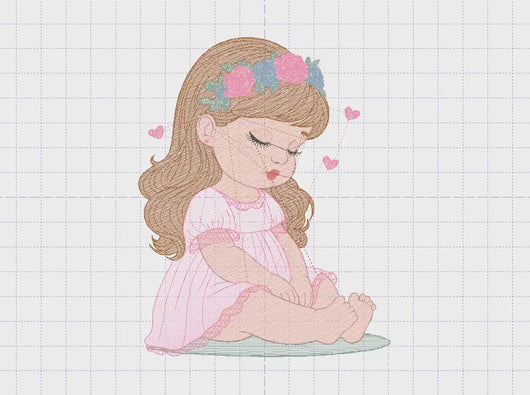 Baby girl with flowers embroidery designs - Sleeping Toddler embroidery design machine embroidery pattern - Girl with hearts - pes download