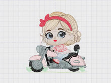 Load and play video in Gallery viewer, Girl with bike embroidery designs - Baby Girl embroidery design machine embroidery pattern - Scooter embroidery file - Motorcycle Chopper
