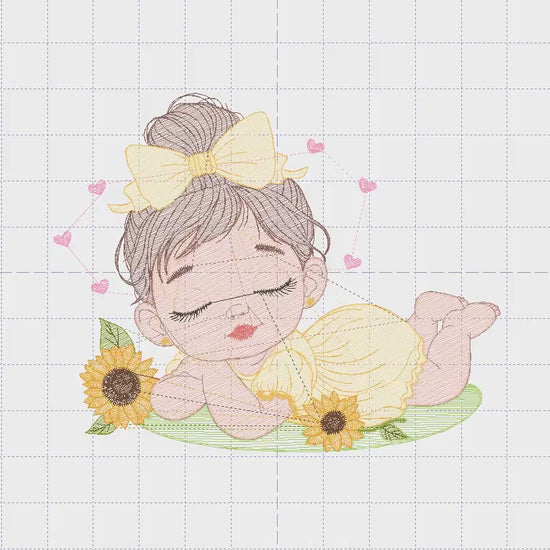 Baby girl embroidery designs - Girl with sunflower embroidery design machine embroidery pattern - Princess with lace embroidery download pes