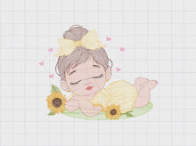 Load and play video in Gallery viewer, Baby girl embroidery designs - Girl with sunflower embroidery design machine embroidery pattern - Princess with lace embroidery download pes
