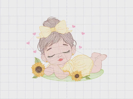 Baby girl embroidery designs - Girl with sunflower embroidery design machine embroidery pattern - Princess with lace embroidery download pes