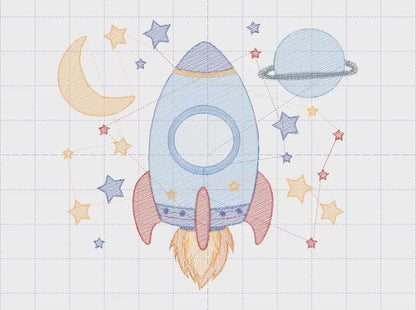 Rocket Ship Embroidery Design, Rippled Space Embroidery, Machine Digital File