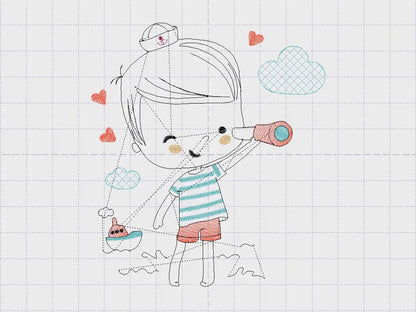 Boat embroidery design - Baby Boy with telescope machine embroidery pattern - Nautical embroidery file - Instant digital download pes jef