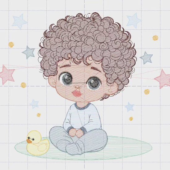 Baby boy embroidery design - Black Boy with curly hair machine embroidery pattern - Boy with rubber duck toy - Instant digital download pes