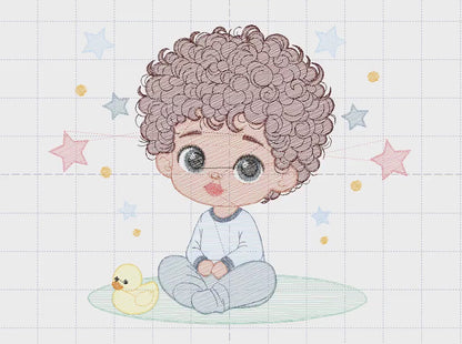 Baby boy embroidery design - Black Boy with curly hair machine embroidery pattern - Boy with rubber duck toy - Instant digital download pes