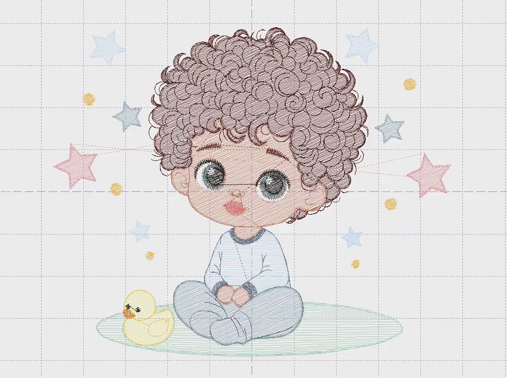 Baby boy embroidery design - Black Boy with curly hair machine embroidery pattern - Boy with rubber duck toy - Instant digital download pes