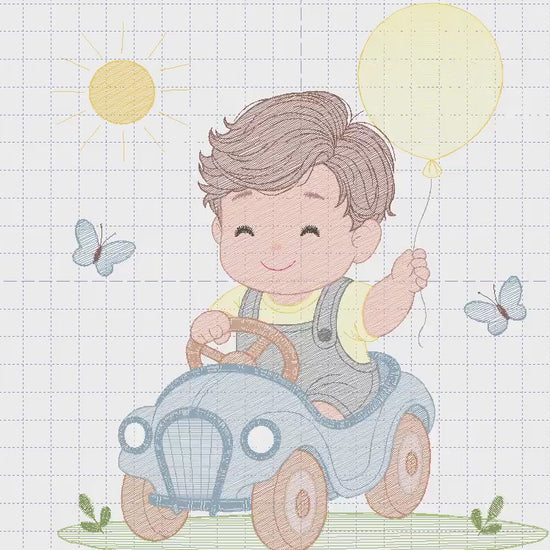 Baby Boy with old car embroidery designs - Toddler playing machine embroidery pattern - Boy with balloon - Instant digital download pes jef